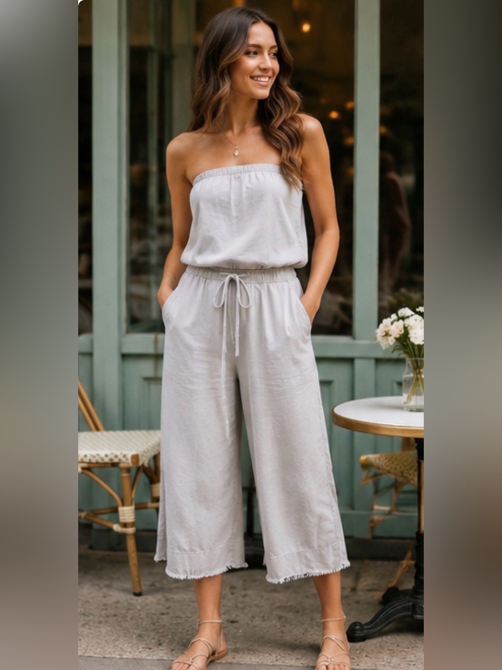 Bella Dahl Strapless Wide-Leg Jumpsuit in Light Gray